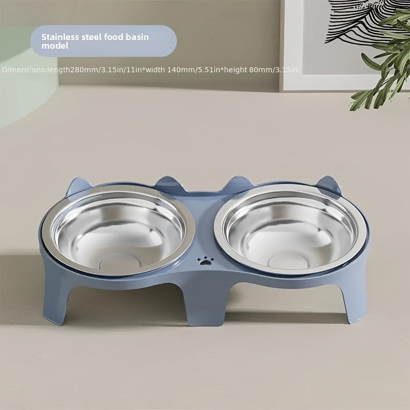 Stainless Steel -Tipping Double-Bowl Cat & Dog Food Feeder - Large Capacity Spill-Proof Design with 15° Slant Mouth & -Skid Base, Detachable Washable Durable Plastic-Like Edges, Ideal for Multi-Cat Households (Easy-Clean Pet
