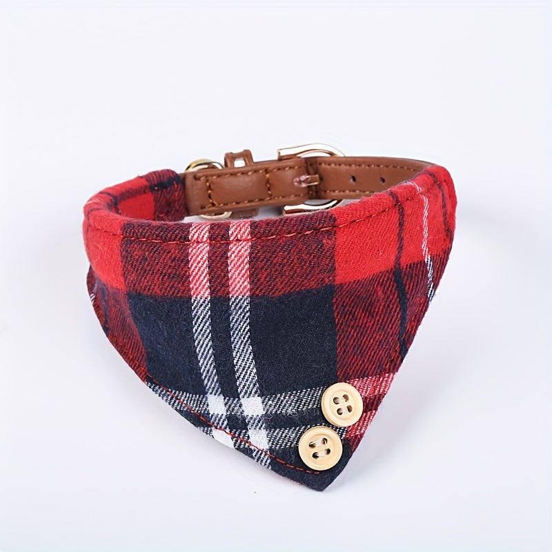 Plaid Leather Dog Collar Set with Bandana and Bowtie, Adjustable Pet Collar with Leash and Bell for Small to Medium Dogs and Cats, Machine Washable