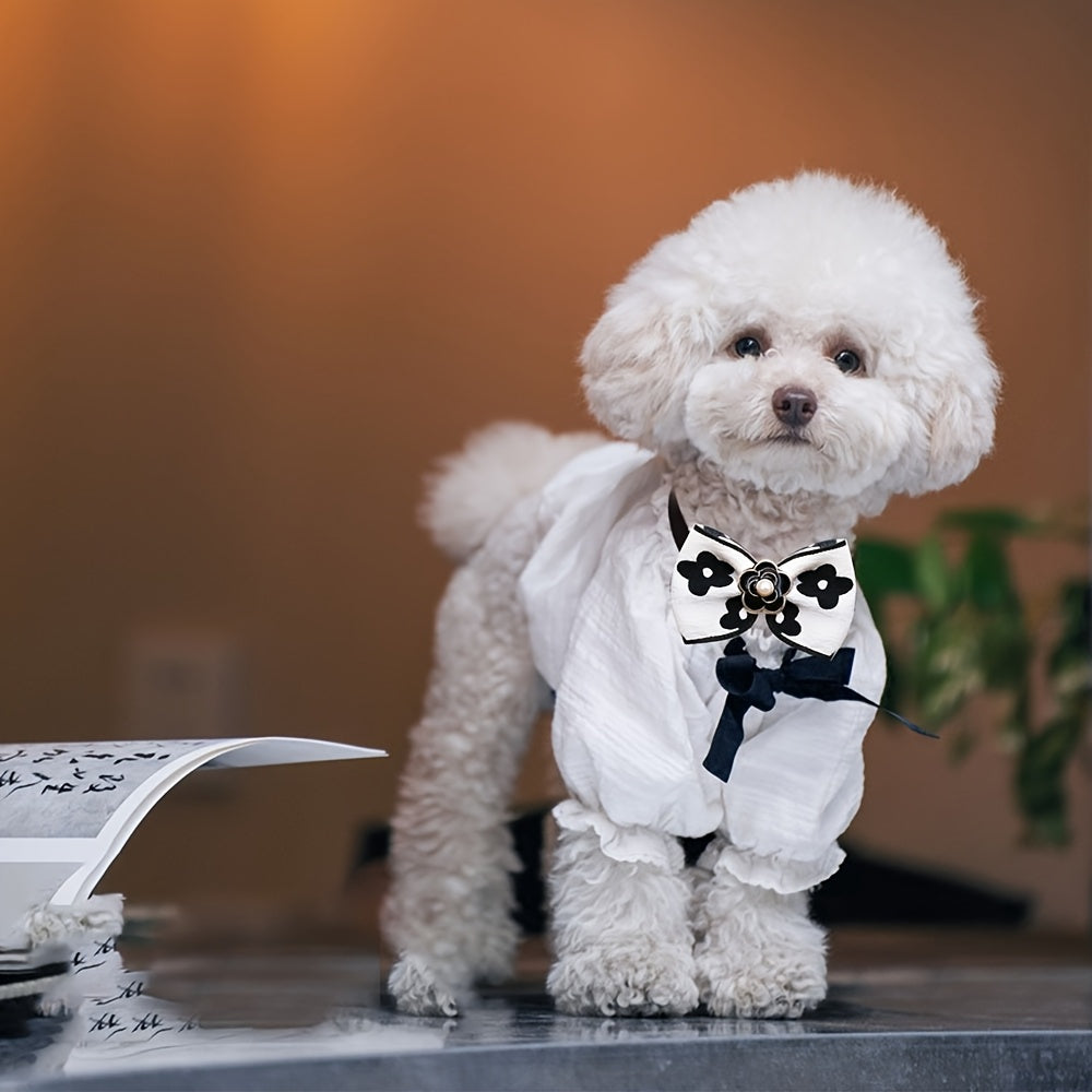 20pcs Luxury Adjustable Dog Bowties - Black & White Floral dog collars with adjustable Strap, Elegant Pet Accessories for Small Dogs, Cats - Perfect for Weddings, Parties, Photo Shoots - Easy-to-Wear Formal & Everyday Outfits