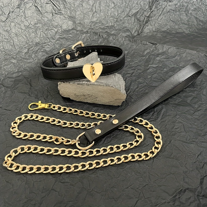 SUTEYI Leather Pet Collar and Leash Set with Heart Charm, Adjustable Fashion Collar for Small Dogs, Hand Wash Only - Black