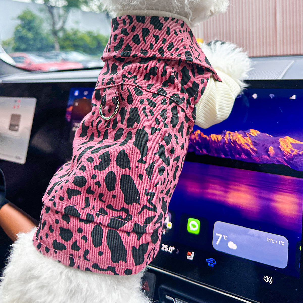 Small Breed Dog & Cat Fashionable Pink Leopard Print Denim Jacket, Comfortable Knit Fabric, Polyester, with Snap Button Closure for Pet Apparel