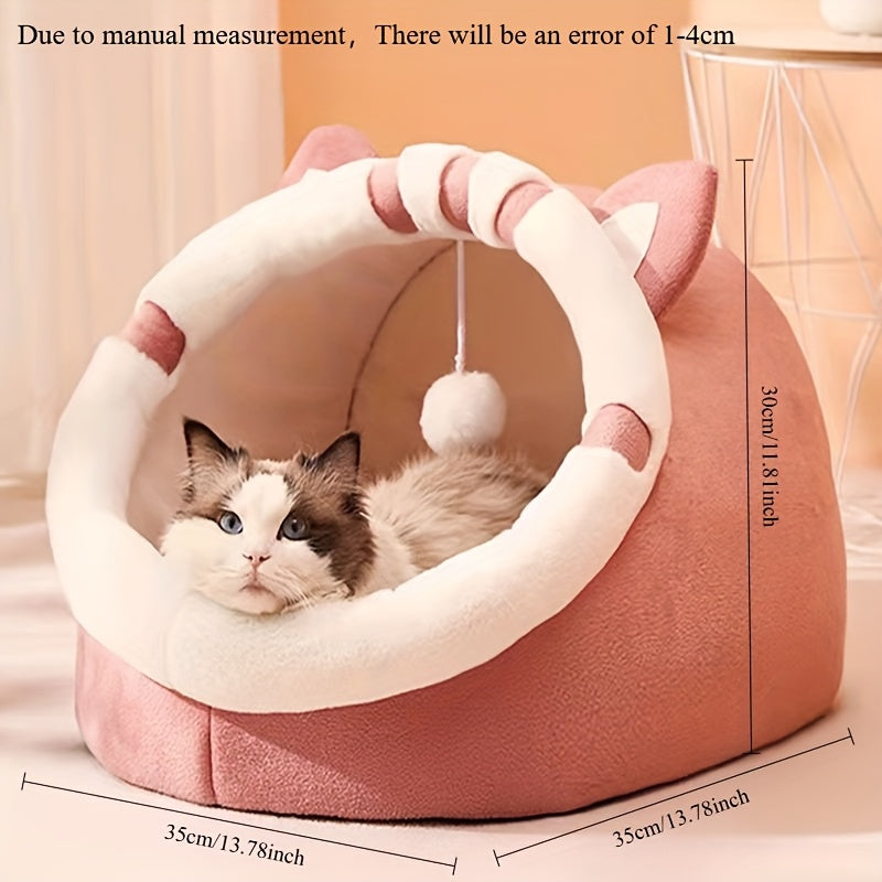 Adorable Pink British Shorthair Cat-Shaped Cozy Pet Cottage - Soft, Warm, Removable & Washable Polyester Bed with Playful Hanging Ball - Perfect Winter Nest for Cats & Small Dogs, Indoor Pet Cottage|Decorative Pet Furniture|S