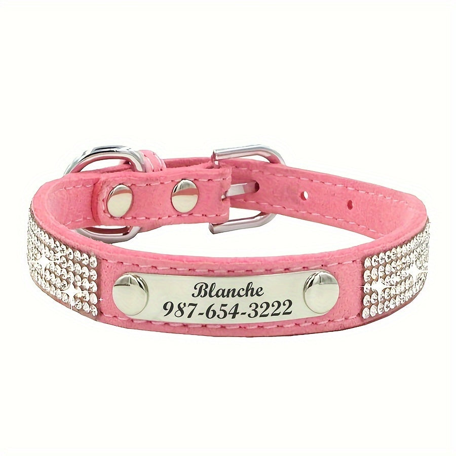 Personalized Rhinestone Dog Collar with Engraved ID Tag