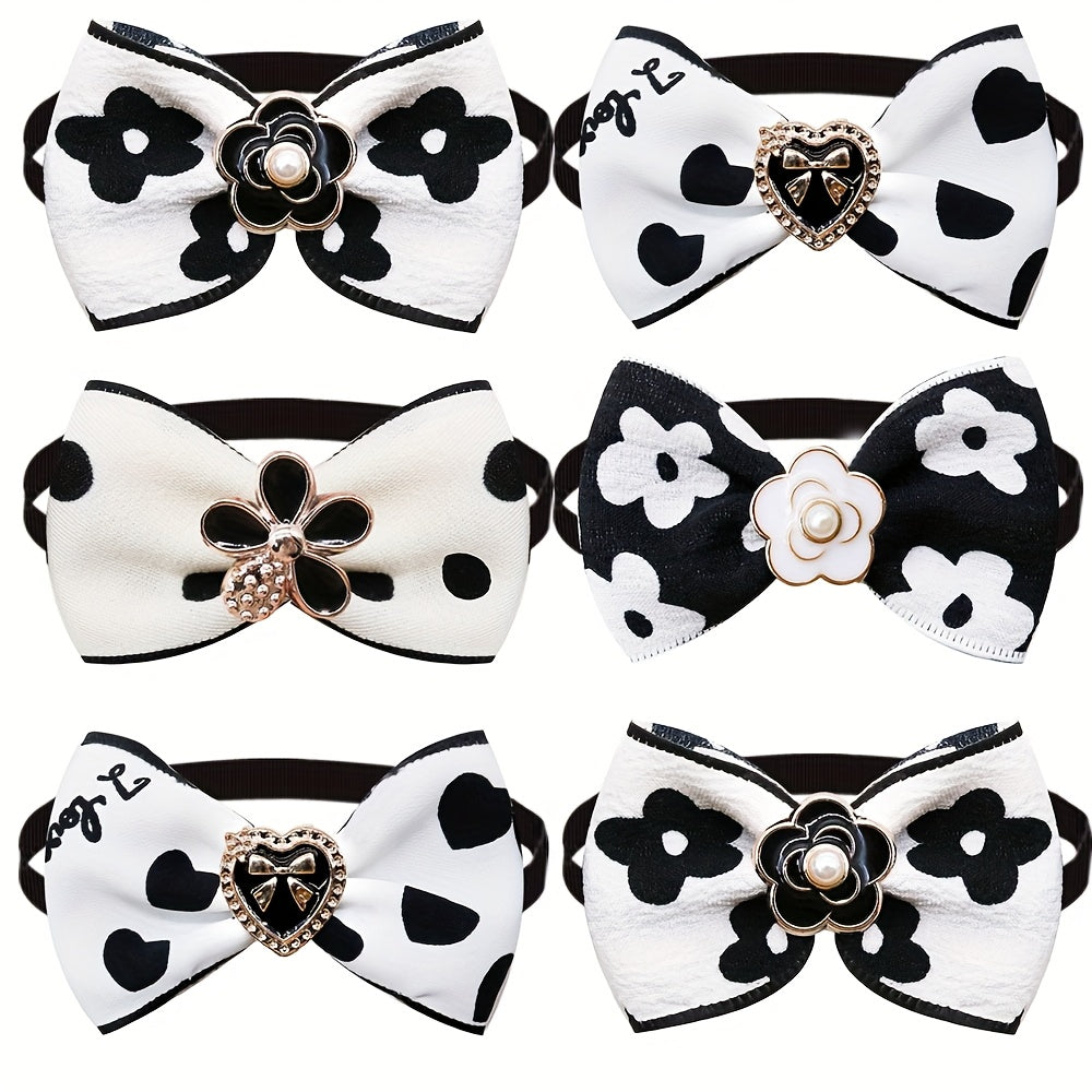 20pcs Luxury Adjustable Dog Bowties - Black & White Floral dog collars with adjustable Strap, Elegant Pet Accessories for Small Dogs, Cats - Perfect for Weddings, Parties, Photo Shoots - Easy-to-Wear Formal & Everyday Outfits