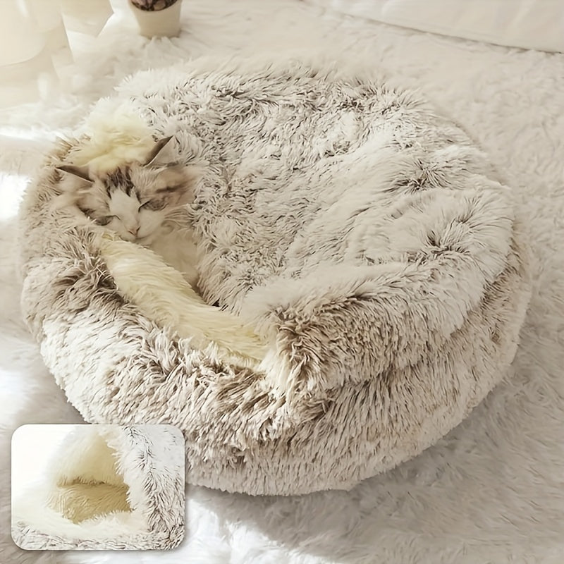 Plush Round Hooded Pet Bed, Warm Dog Bed Dog Cave Nest Soft Donut Dog Cushion Bed Calming Nest