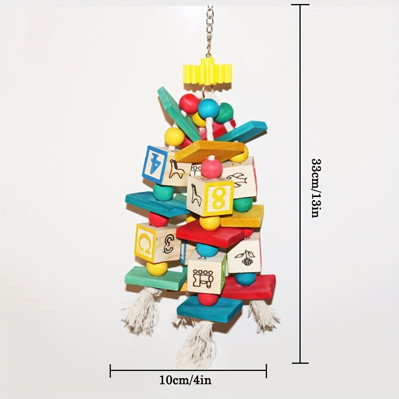 Wooden Bird Chewing Toy with Letter Blocks, Colorful Parrot Swing Hanging Toy, Durable Wood Material for Pet Birds