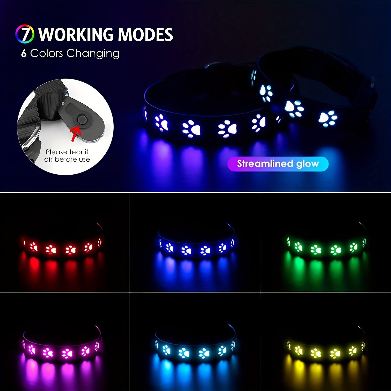 Rechargeable LED Dog Collar -, Color-Changing Light-Up Pet Collar with USB Charging, Durable Synthetic Faux Leather, Vibrant Animal Print Design, Evenly Spaced LED Strips for Even Lighting, Perfect for Nighttime Safety, Adjus