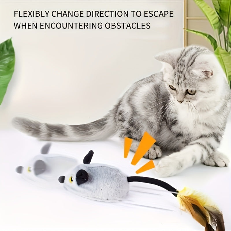 Interactive Whisker Wonders 1pc USB Plush Cat Toy - Electric Teaser Mouse with Sound, LED Lights, Turnaround Steering & Obstacle Avoidance - Durable Fabric Pet Toy with Feather Tail