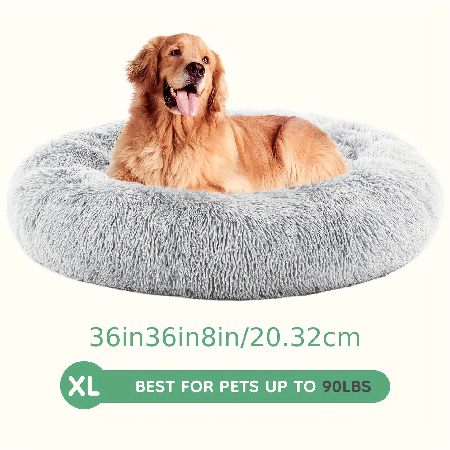 Fluffy Plush Calming Pet Bed For Dogs And Cats - Washable Anti-Slip Round Bed For Pets - Grey Color