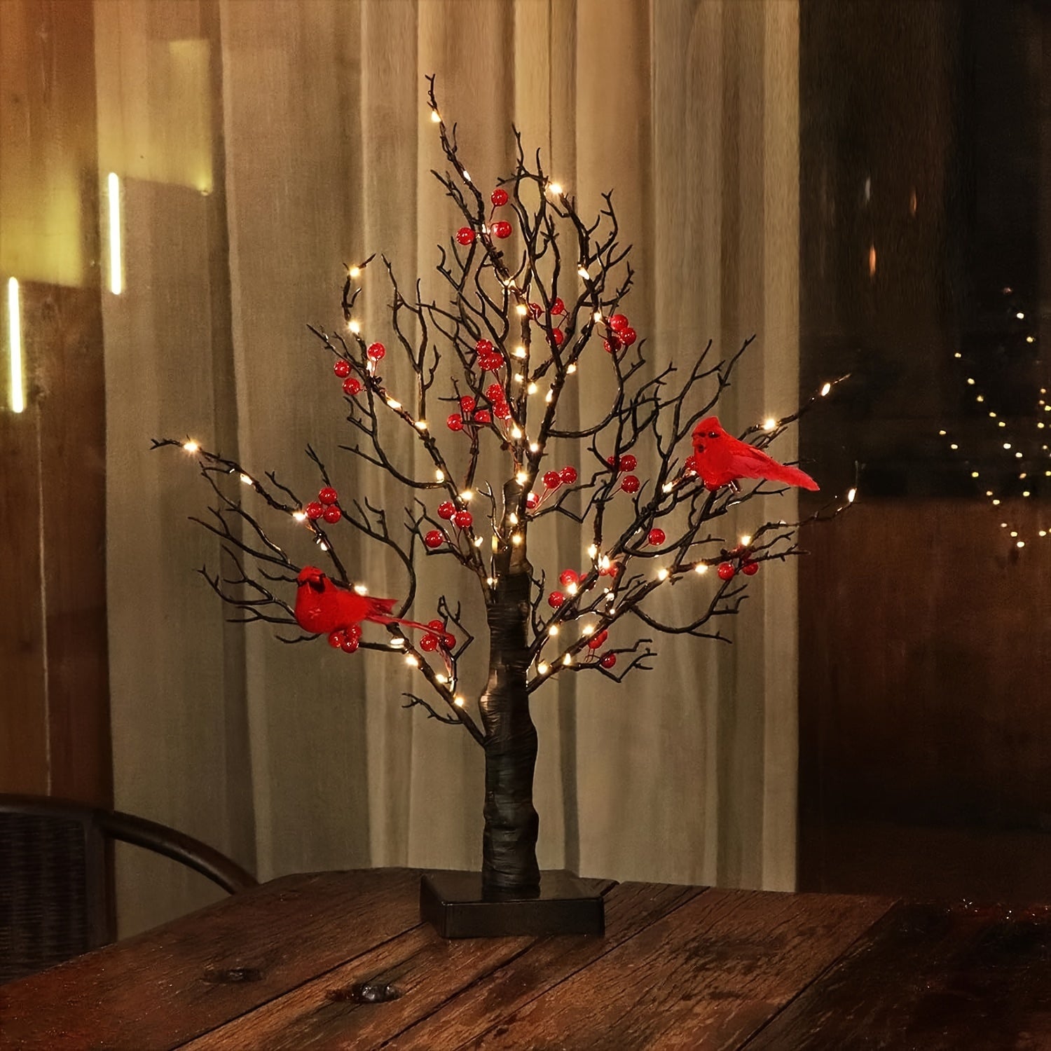 1 Elegant 21" LED-Lit Bonsai Tree with Red Birds & Black Artificial Birch - 60 Warm Yellow Lights, Perfect for Halloween, Thanksgiving, Christmas, Valentine's Decor - AA Battery Operated (Batteries Not Included)