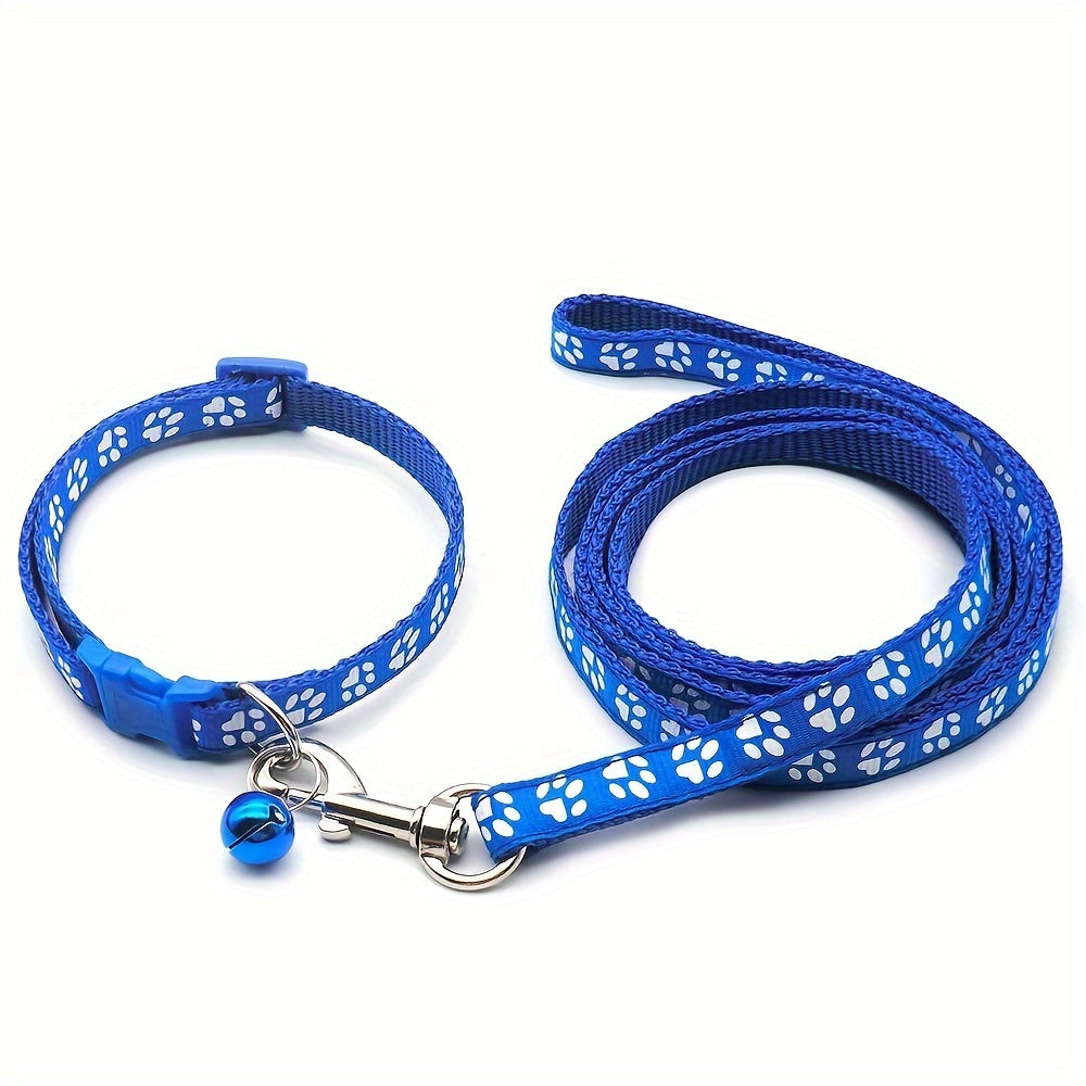 Cute Paw Pattern Nylon Dog Collar - Pet Dog Collar And Leash Set With Bell Long Dog Walking Leash