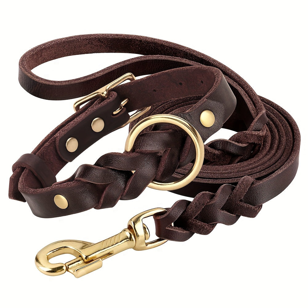 For Medium and Large Dogs, Durable Genuine Leather Pet Collar with Heavy Duty Metal Buckle, Stylish and Comfortable Dog Necklace with Leash Dog Traction Rope