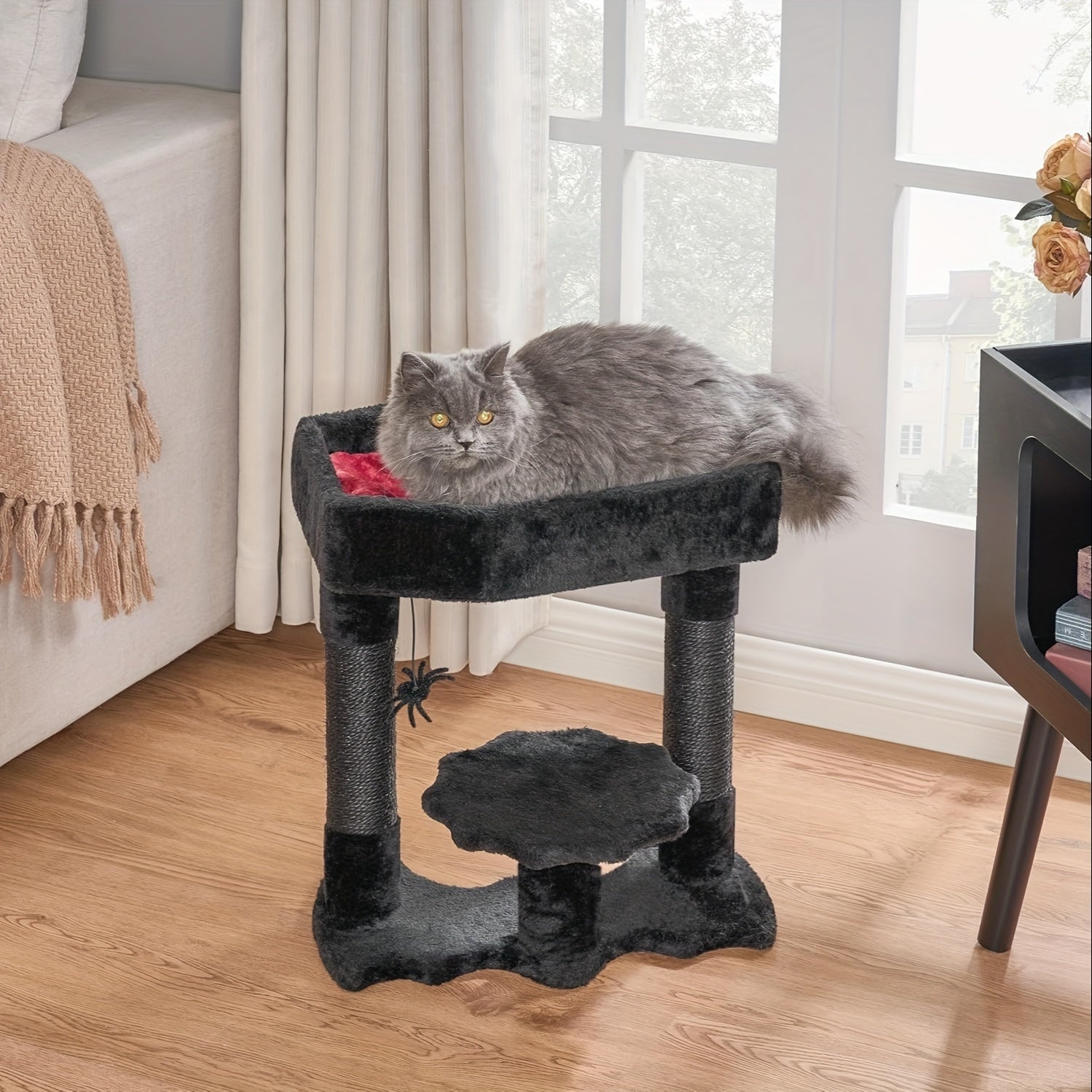 BEWISHOME Gothic Cat Tower With Coffin Bed, Multi-Level Goth Cat Tree Cat Condo With Cat Scratching Post, Spider Hanging Ball Black Red Halloween Kitten Pet Furniture