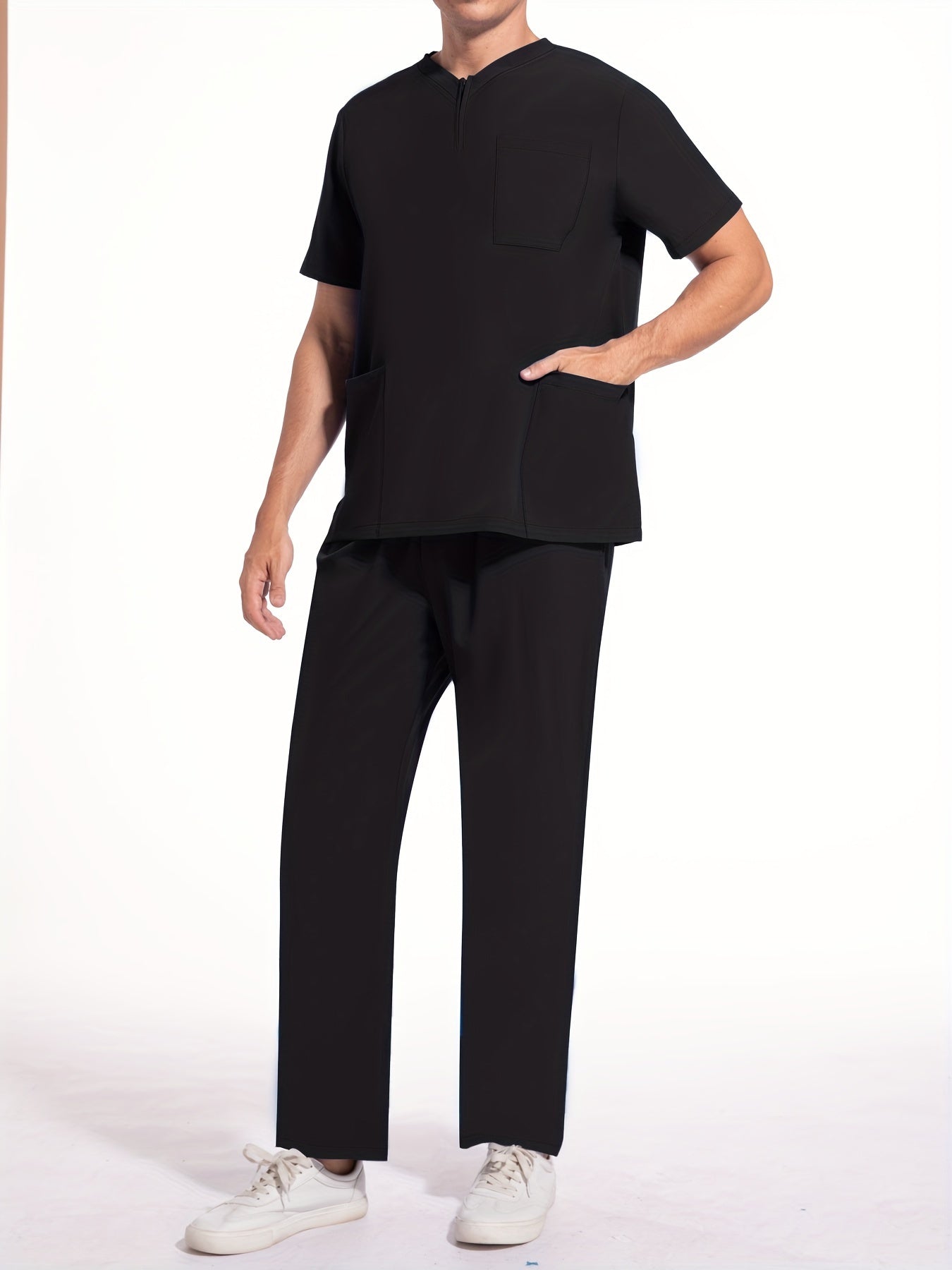 Men's Short Sleeve Summer Work Wear Set, Lab Coat, Pet Grooming Uniform, Breathable V-neck Top With Pockets And Long Pants Outfit