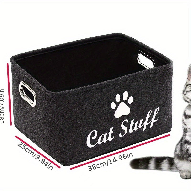 1pc Felt Cat Toy Storage Box with Wooden Handle, Rectangular Fabric Pet Toy Organizer Basket for Home Organization, Toy Box