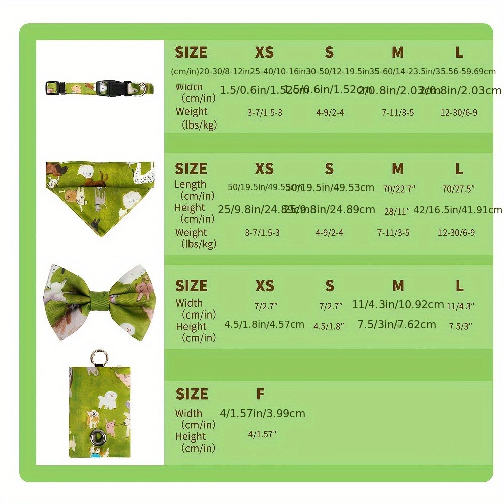 6pcs Forest Animal Print Dog Walking Set, Adjustable Pet Harness, 4ft Leash, Collar, Bowtie, Bandana, and Waste Bag Dispenser for Small to Large Dogs, Polyester Fiber, Without Battery