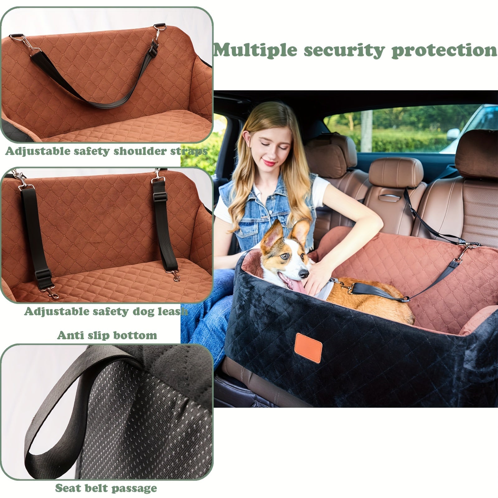 Adjustable Dog Car Seat with Memory Foam - Heavy-Duty Vehicle pet bed, Safety Travel Harness System, Non-Slip Base, Spacious Interior for Medium, Large Dogs & 2 Small Dogs - Easy Installation, Compatible with SUVs, Sedans, -