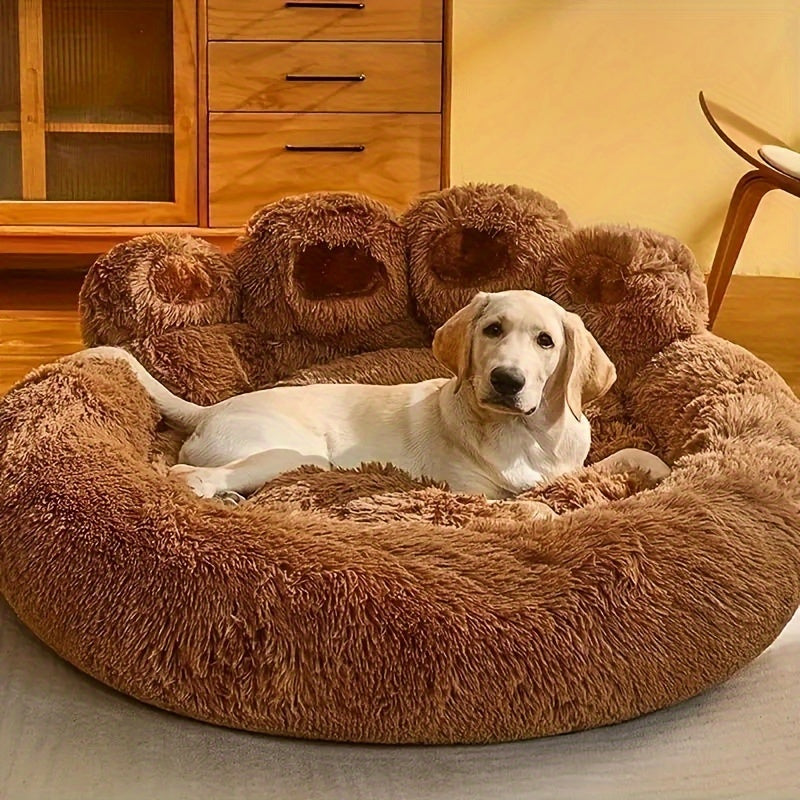 Warm Soft Long Plush Bear Paw-Shaped 1Pc Pet Bed - Calming Cat And Dog Bed For Small, Medium, And Large Dogs - Anti-Slip Bottom Cat Mat, Animal Sleep Sofa