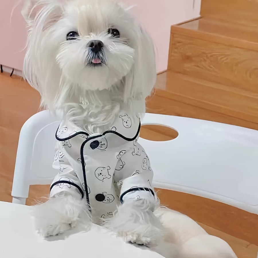 Cozy Cartoon Cat Pattern Pet Sleepwear - Soft, Breathable, Spring/Summer Style for Small Cat & Dog Breeds, Bichon, Maltese, Teddy - Comfortable Home Apparel for Pets