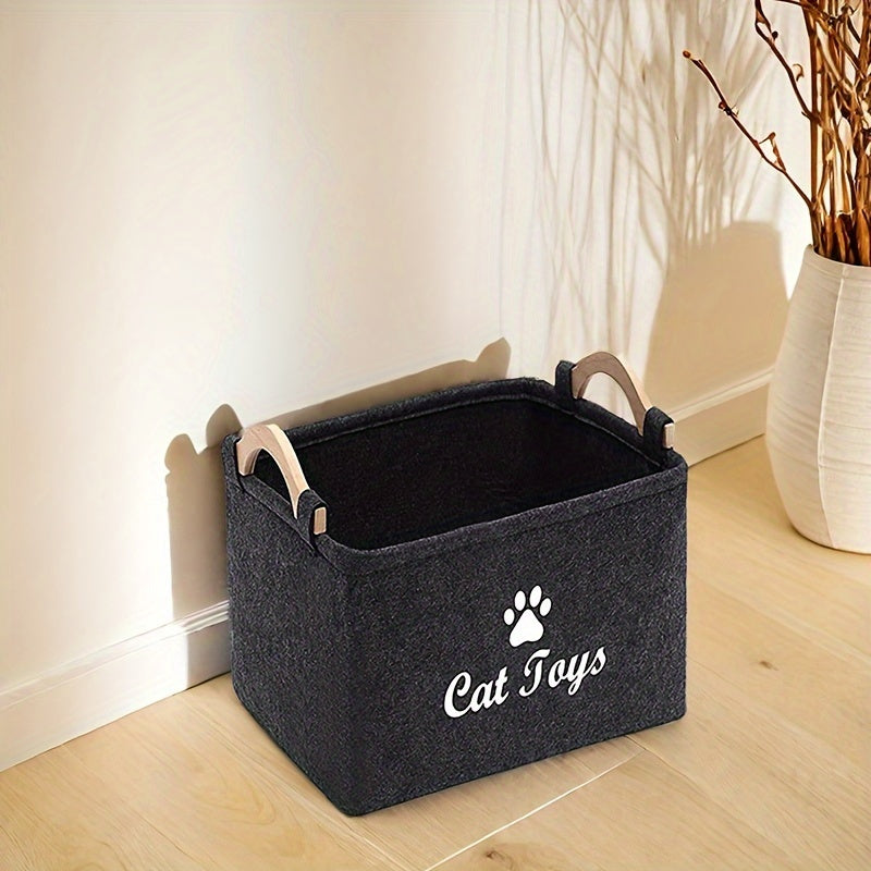Foldable Pet Toy Storage Basket for Dogs & Cats - Durable Polyester with Paw Print Design, Wooden Handles, Ideal for Organizing Pet Playthings, Dog Toy Storage Basket