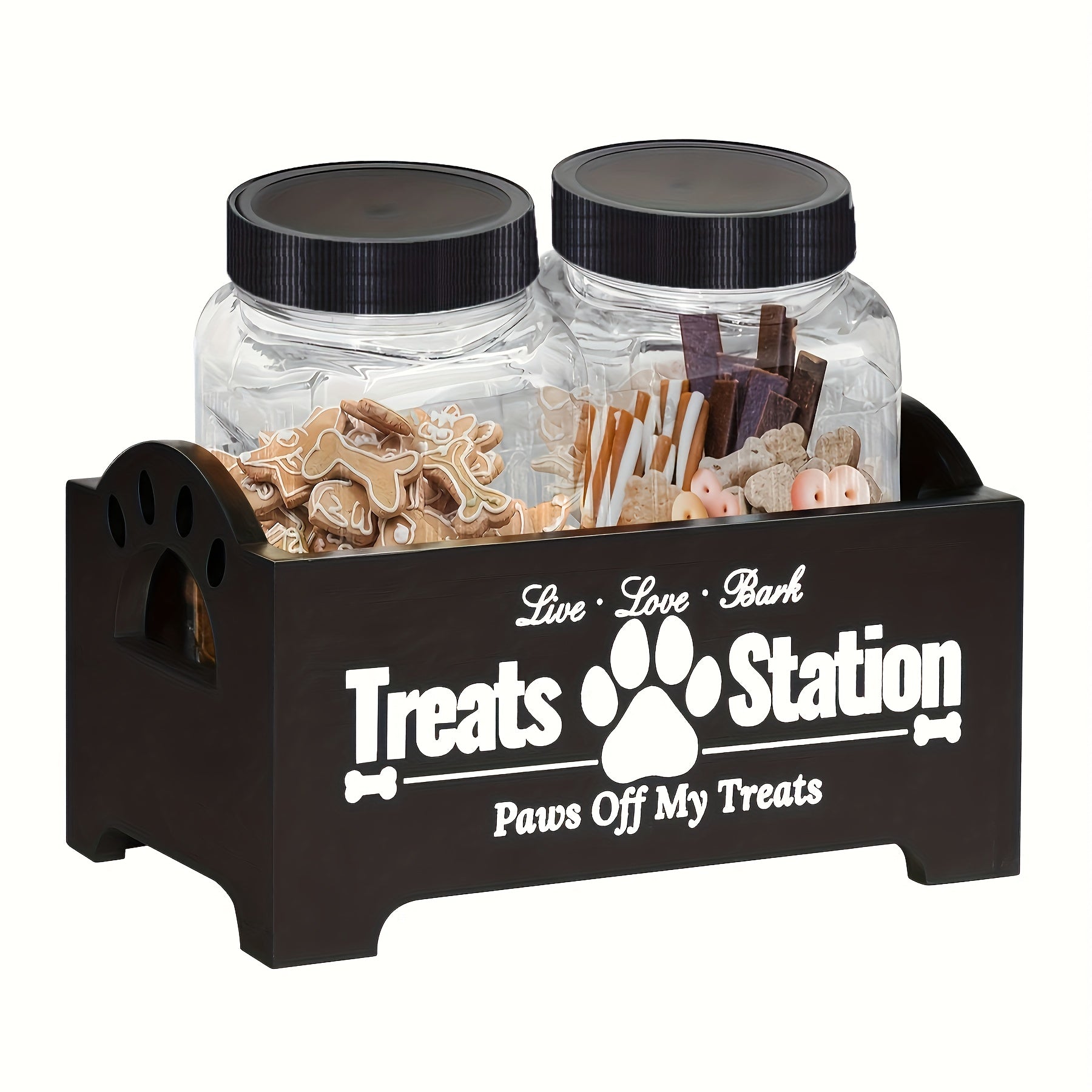3pcs Wooden Dog Food Storage Organizer with 2 Plastic Containers, Farmhouse Pet Food Container, Wooden Dog Food Rack, Rectangle, Pet Feeding and Drinking Supplies, Country Style, Black and White Dog Food Storage Box