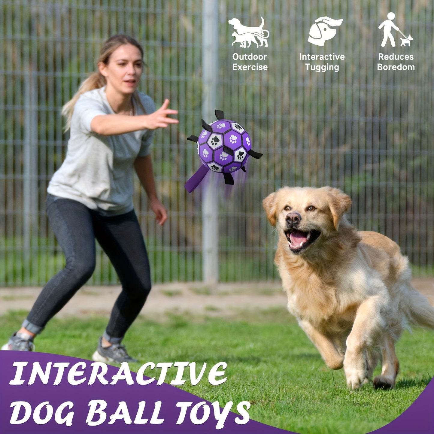 Durable Rubber Dog Soccer Ball with Straps - Interactive Chew-Resistant Pet Toy for All Breed Sizes, Purple & Black with Paw Print Design, Indoor/Outdoor Play & Training, Dog Ball Toy, Large Surface Area