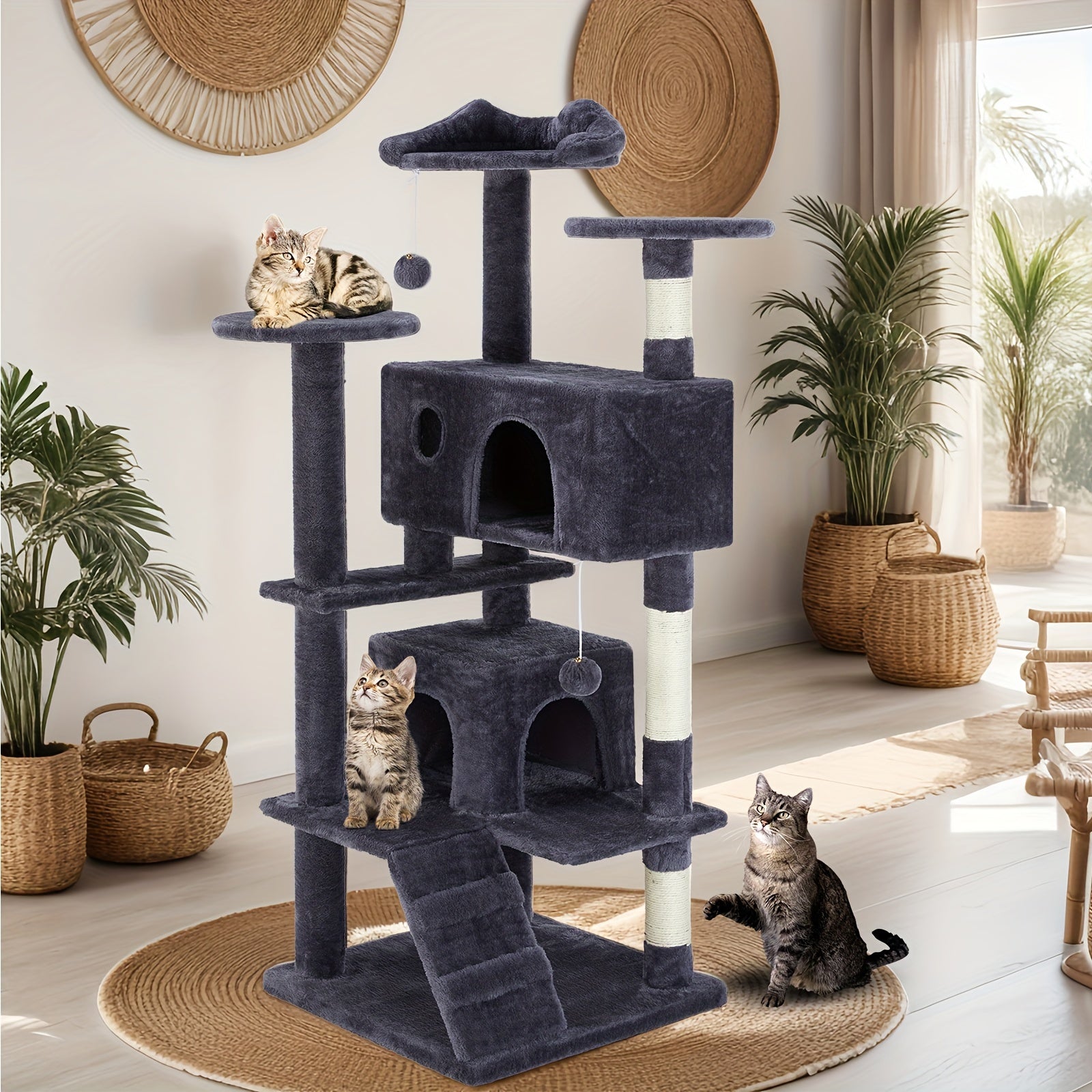 54in Cat Tree Tower for Indoor Cats, Multi-Level Pet Furniture, Kitty Play House with Sisal Scratching Post, Large Condo, Climbing Ladder, Plush Toy for Kitten, Beige and Gray
