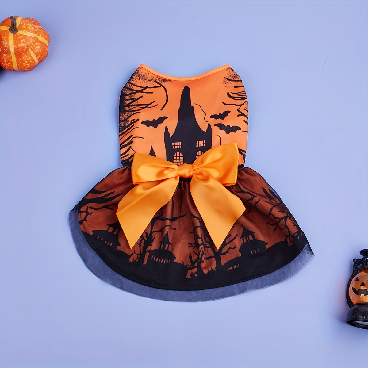 Halloween Castle Print Dog Dress with Bow - Breathable Polyester, All-Season Pet Apparel for Small to Medium Breeds