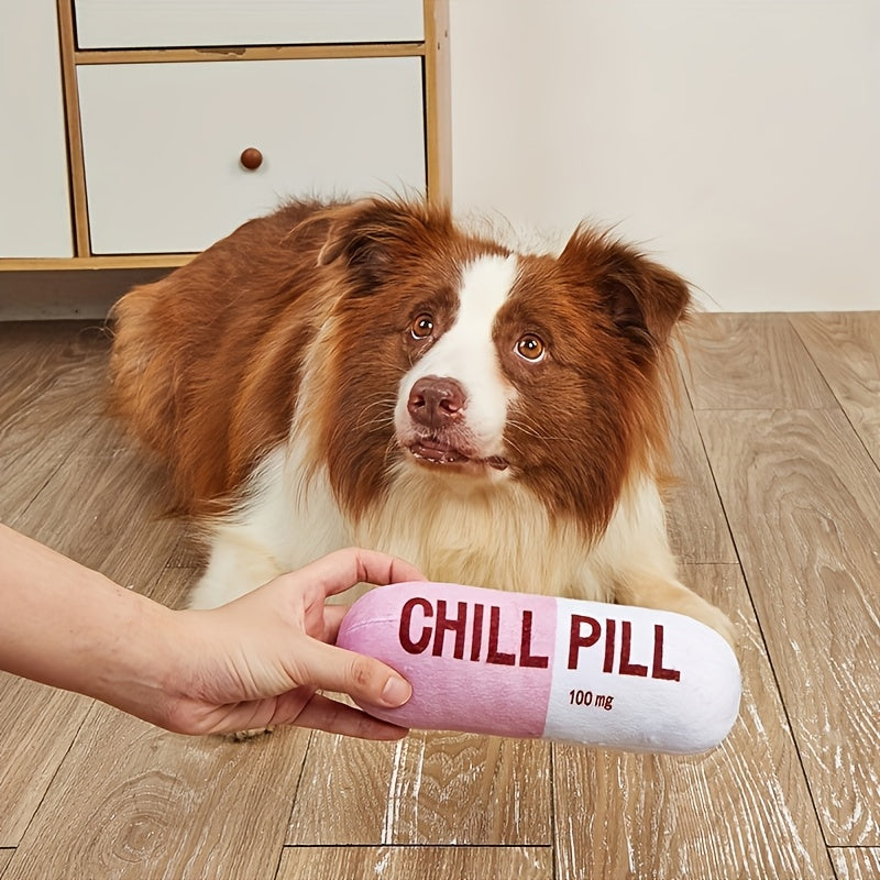 Soft Fabric Chill Pill Plush Stuffed Animal Toy and Pillow for Small Dogs and Cats, Interactive Play, Pet Bed Accessory, Soothing Snuggle Companion