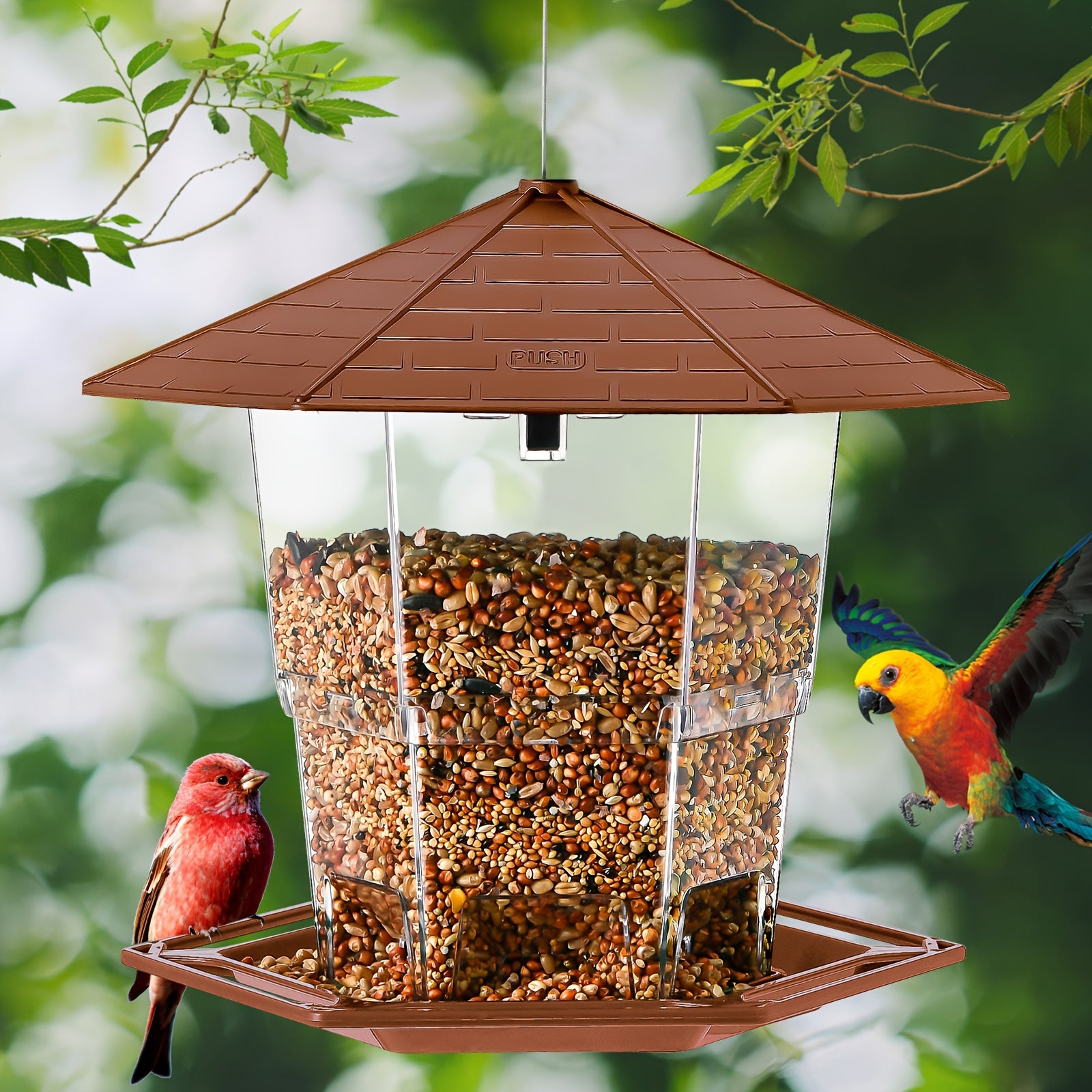 bird feeder with clear feeding tubes & heavy-duty dome - All- bird feeding station, Base, Easy-to-Clean - Attracts, Finches, Sparrows, Blue Jays - Durable Plastic with Hanging Hook - Ideal for Backyard,b or Balcony - Brown Ro