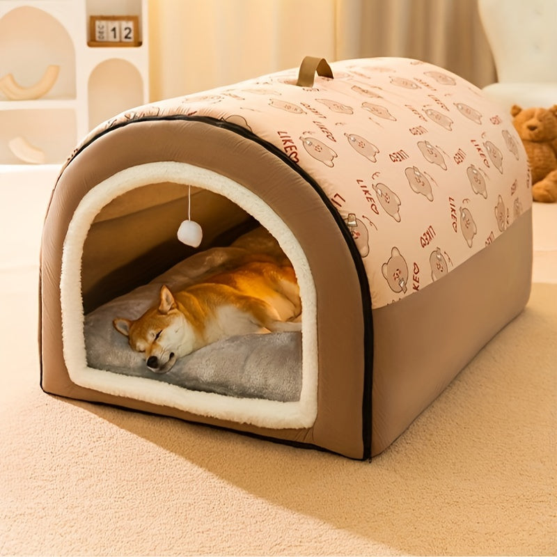 EnigmaTails Cartoon Pattern Dog House, Winter Warm Polyester Pet Bed with Memory Foam, Detachable and Washable, Suitable for Extra Small to Large Dogs, Brown