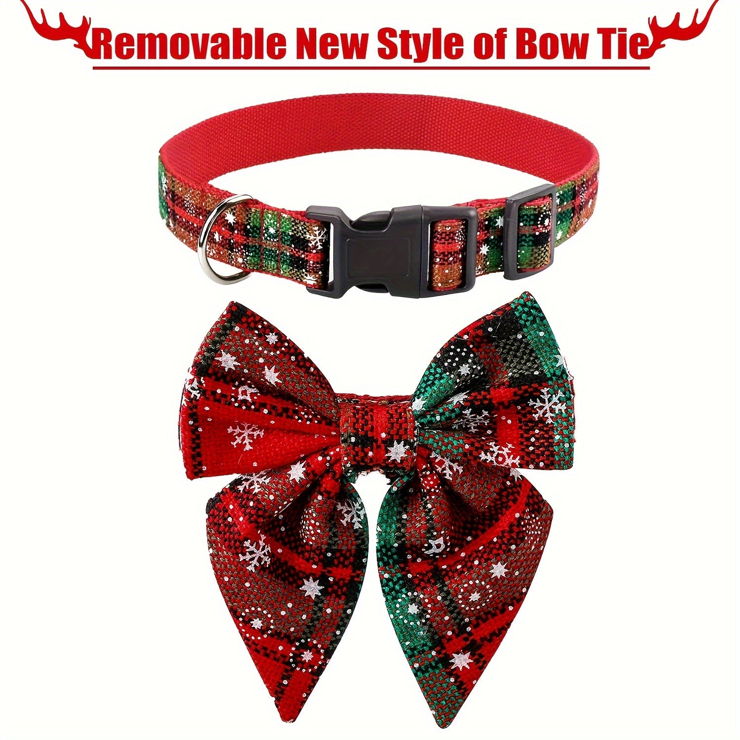Christmas Plaid Dog Collar with Detachable Bowtie, Adjustable Pet Collar for Cats and Dogs, Durable Polyamide Material with Press Buckle and D-Ring, Perfect for Holiday Parties, Birthdays, and Daily Wear - Red (S/M/L)