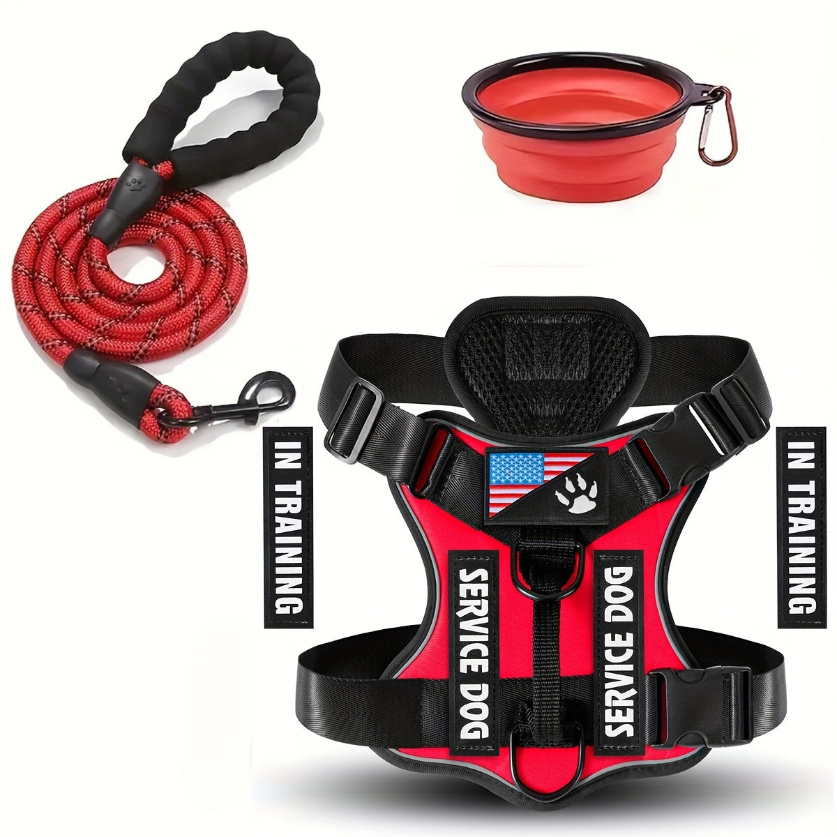 Service Dog Harness and Leash Set - Adjustable Soft Oxford Pet Harness with 1pc Folding Bowl, 5pcs Patches, Reflective Vest, Easy Control Traction Rope for Small Medium Large Dogs