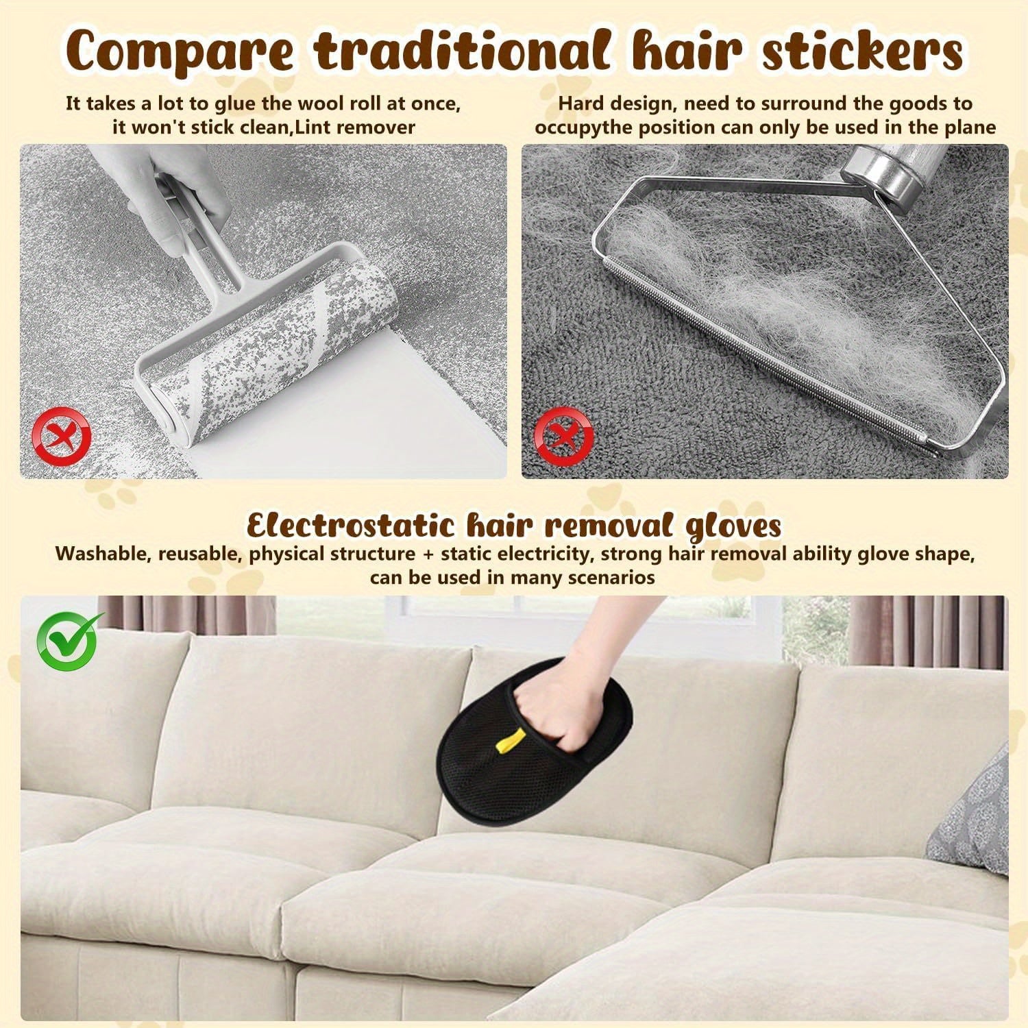 Reusable Pet Hair Removal Gloves for Cats & Dogs - Manual Lint Brush for Furniture, Bedding, Clothing | Static Fabric Gripper, Battery-Free Pet Grooming Tool & Home Cleaning Accessories