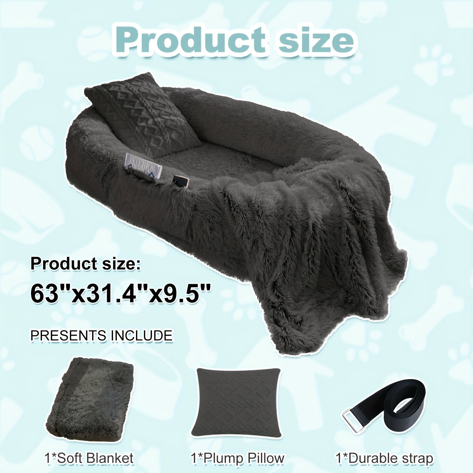 Extra Large Orthopedic Human & Dog Bed with Plush Pillow & Blanket - 71"x45"x12" Washable Faux Fur Pet Couch, Non-Slip Base, Removable Cover - Grey Bed for All Dog Breeds (Small/Medium/Large Dogs) & Cozy Napping Companion for