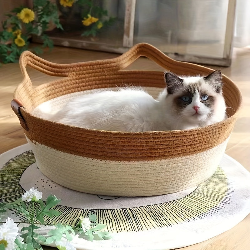 Handwoven Nylon Cat Bed with Cozy Warm Mat, Scratch-Resistant Elevated Basket for Cats, Universal All-Season Pet Furniture