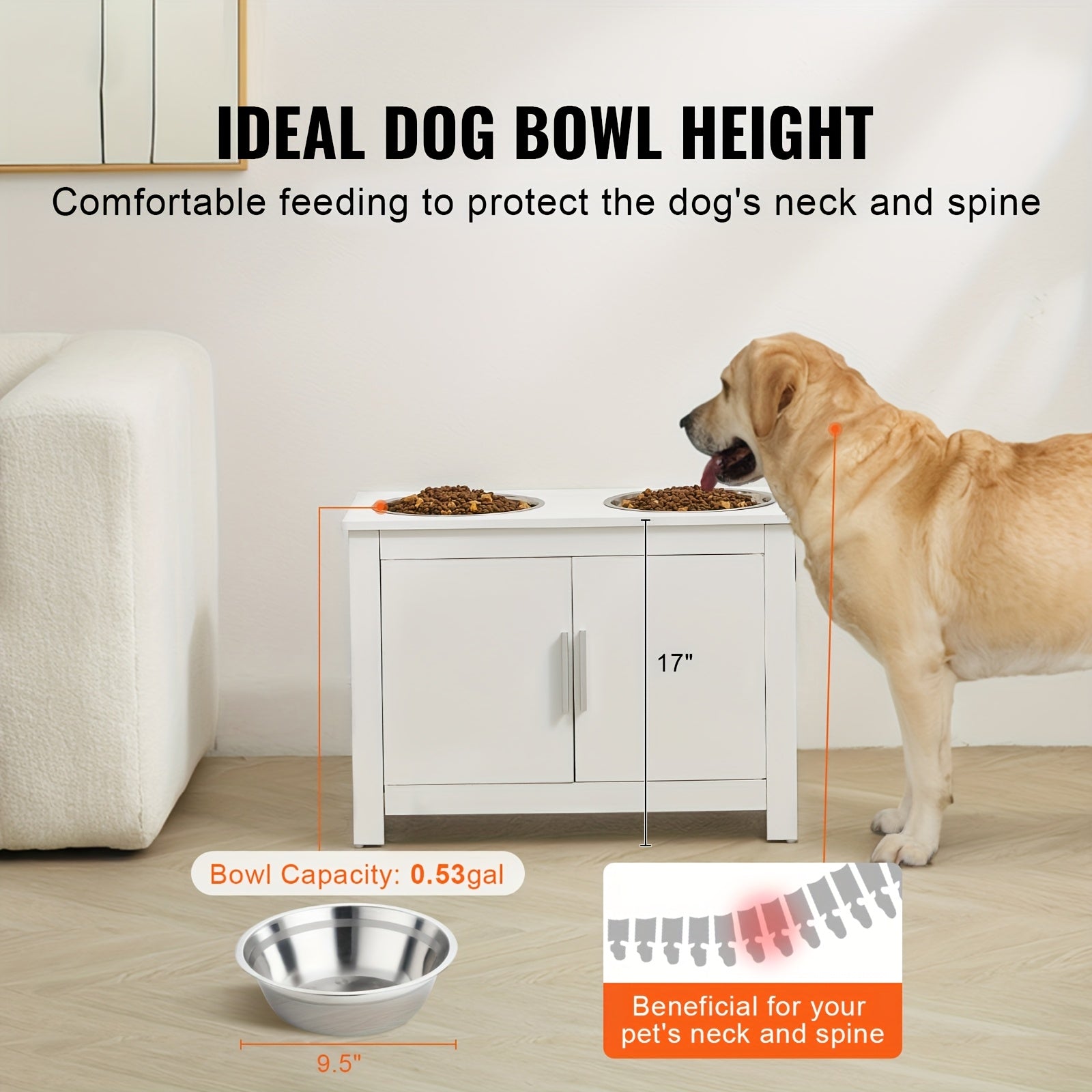Happybuy Elevated Dog Feeding Station with 2 Stainless Steel Bowls & - Modern White Wood Pet Dispenser, Heavy-Duty Elevated /Water Dispenser for Large Breeds, Space-Saving Design for Home, Easy ssembly, Pet Feeding Station, R