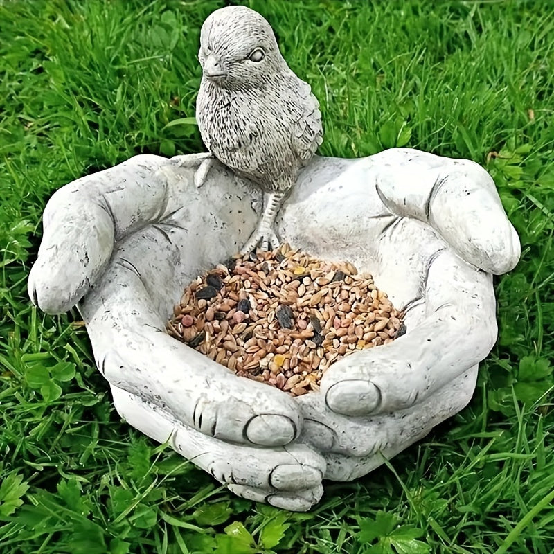 1pc Hand-Shaped Bird Bath, Creative Resin Bird Feeder, Garden Resin Ornaments, Bird Seed Feeding Bowl And Water Station, Gifts For Bird Lovers, Ornaments Decoration For Indoor Desktop Outdoor Lawn Yard Garden
