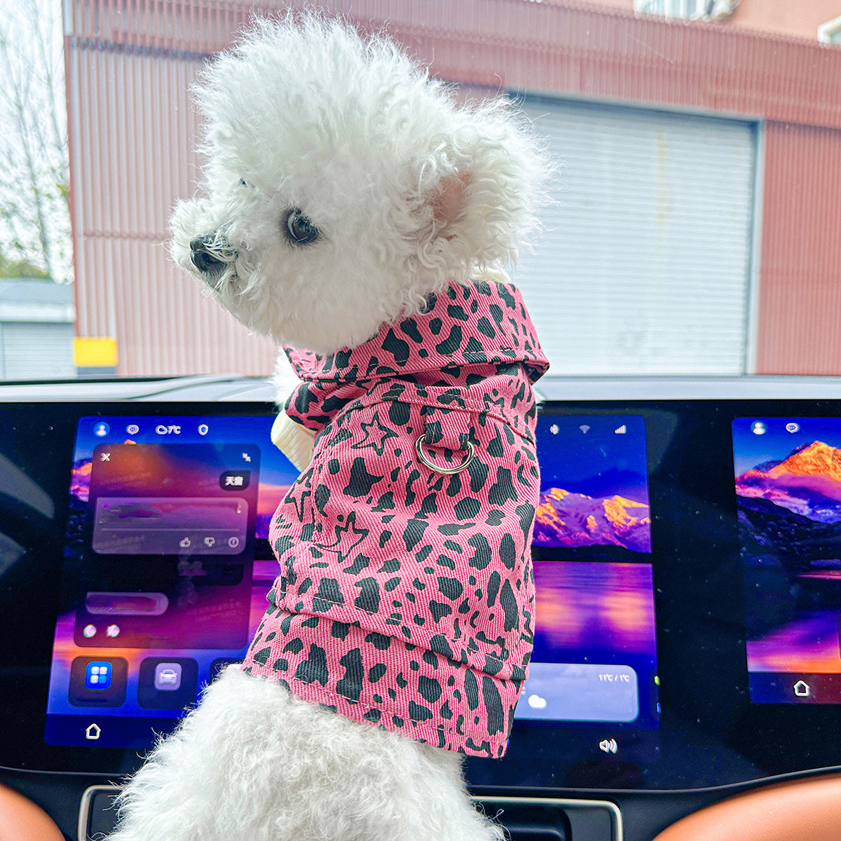 Small Breed Dog & Cat Fashionable Pink Leopard Print Denim Jacket, Comfortable Knit Fabric, Polyester, with Snap Button Closure for Pet Apparel
