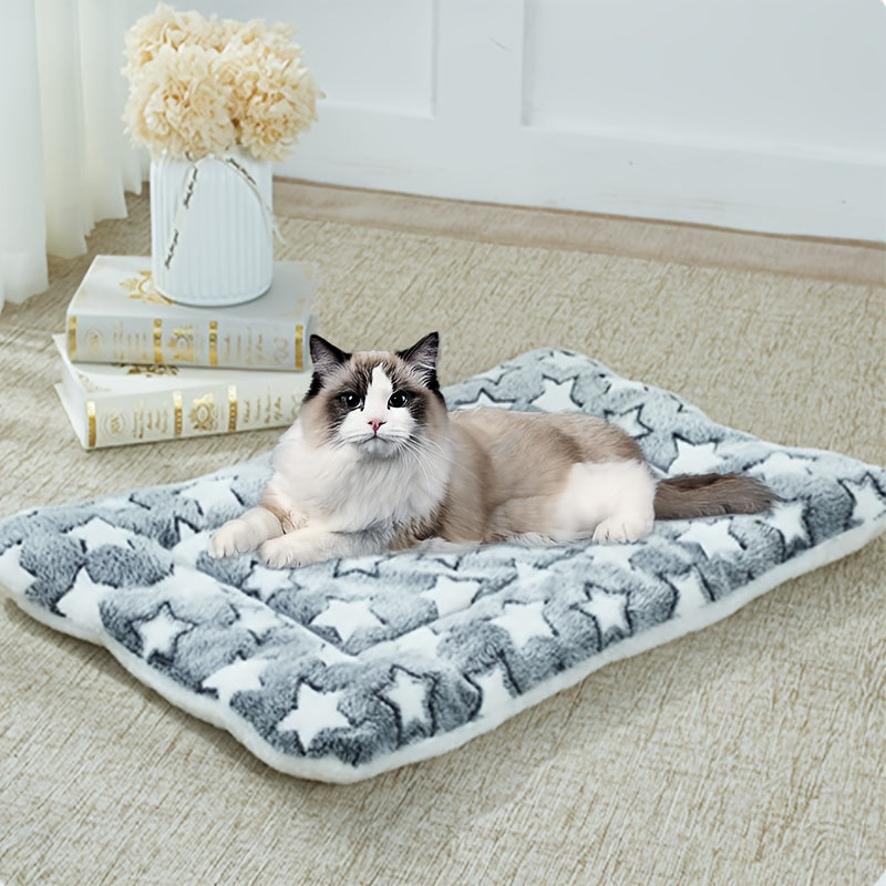 Cozy Plush Dog Mat - Thick, Warm Pet Bed with Geometric Star Pattern, Gray & White, Four Seasons, Polyester Fiber Filling, Ideal for Small to Large Breeds, Dog Sleeping Mat