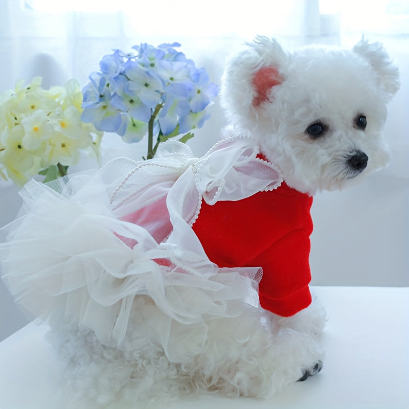 Chic Pearl-Embellished Lace Dog Dress - Princess Style Pet Apparel for Small Breeds, Includes Pomeranian & Yorkie Designs