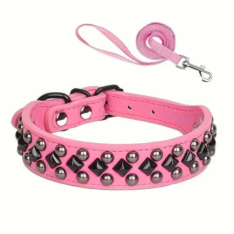 ECP037S Black Faux PU Leather Dog Collar And Leash Set - Comfortable, Durable Pet Accessories for Training & Walking