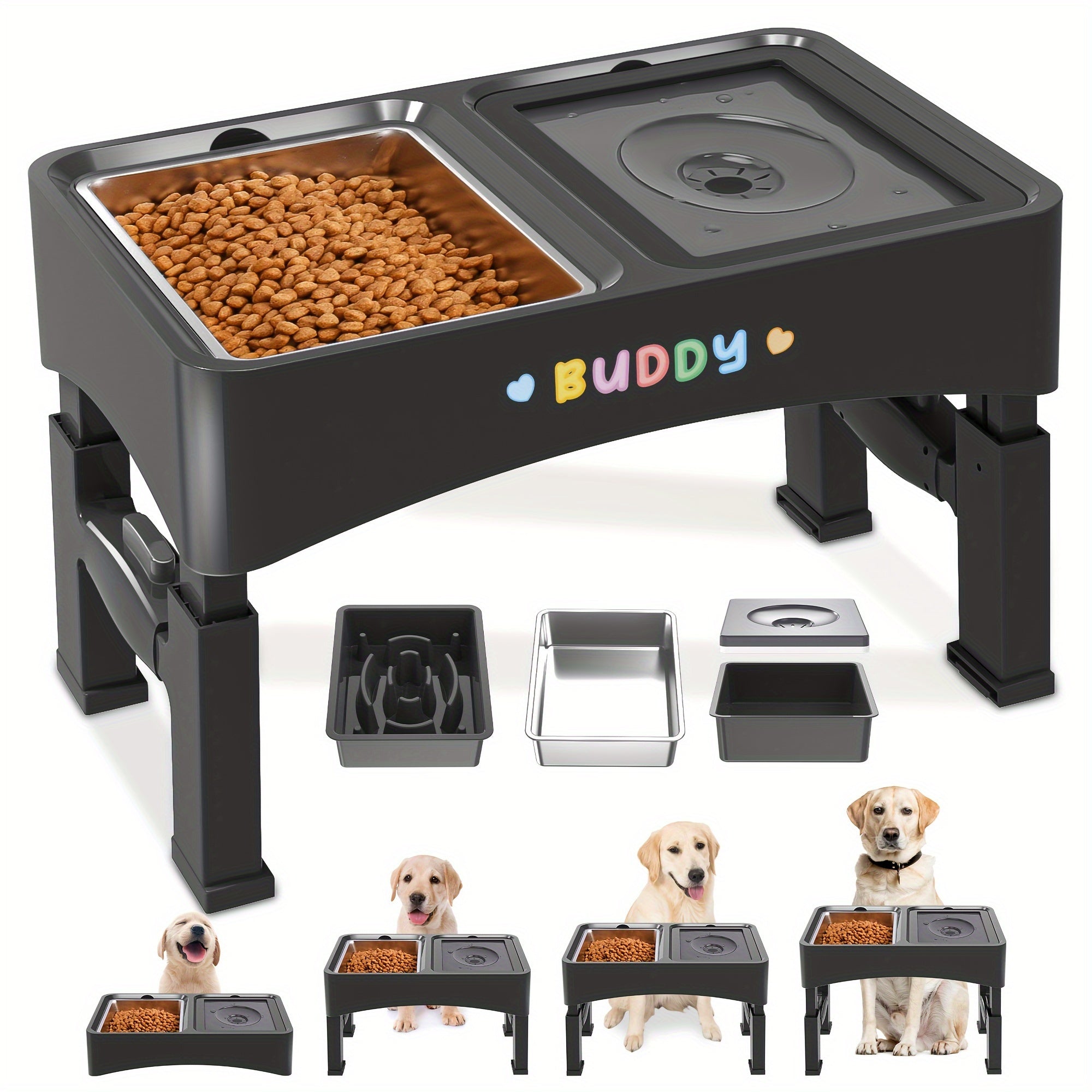 4-Height Adjustable Elevated Pet Feeding Station - Stainless Steel Food Bowls, Slow Feeder & No-Spill Water Bowl Set for Medium & Large Dogs - Neck Protection