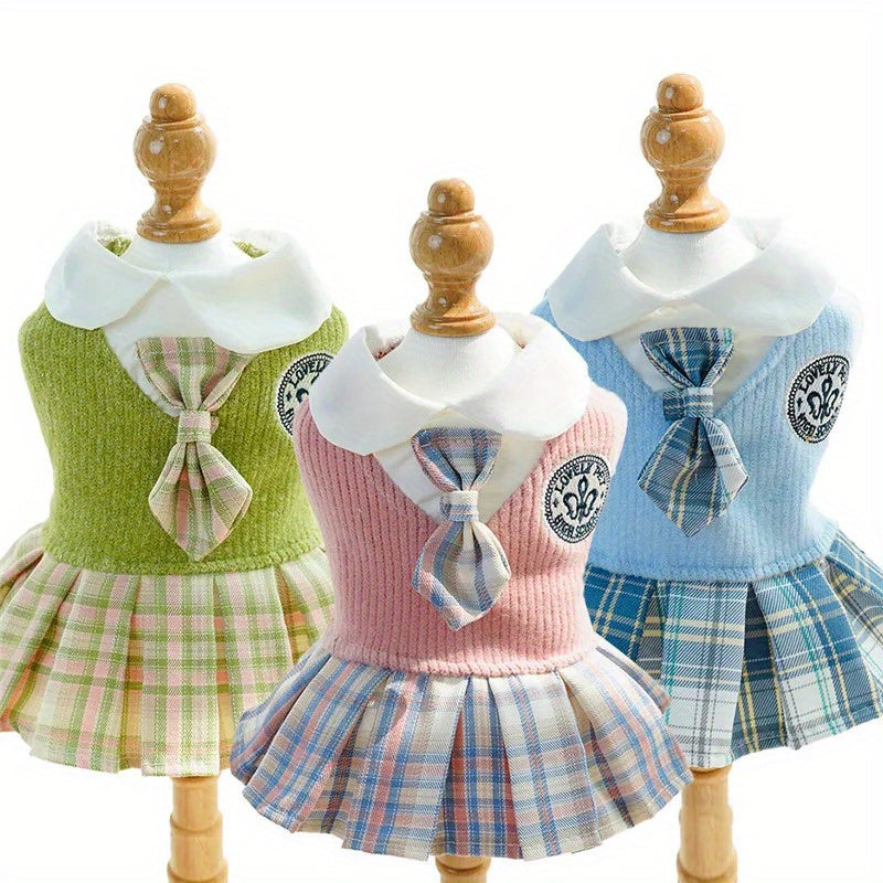 Small Breeds Polyester All-Season Dog Dress, Chic College Style Pet Apparel with Plaid Skirt and Collar, Pullover Design, Ideal for Spring, Cat & Chihuahua, Available in Pink, Blue, Green