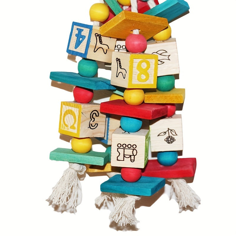 Wooden Bird Chewing Toy with Letter Blocks, Colorful Parrot Swing Hanging Toy, Durable Wood Material for Pet Birds