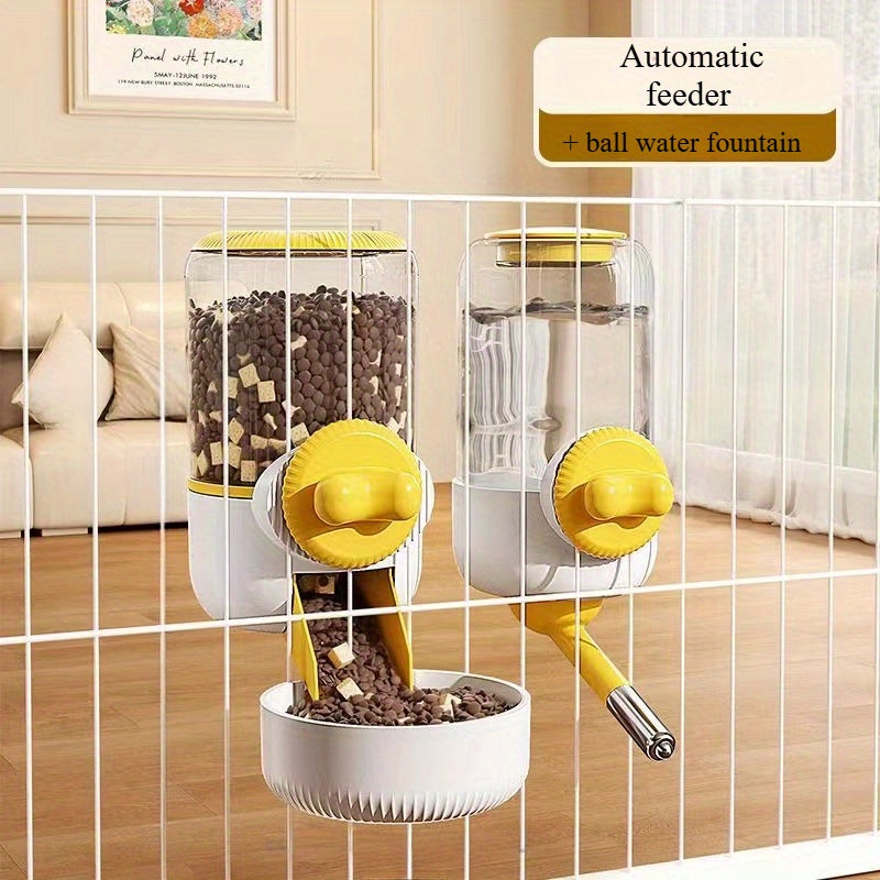 A 2pcs hanging automatic feeder drinking bowl, automatic gravity pet feeder no drip water set, Cage pet feeding bowl dispenser for pet cats, dogs, puppies, rabbits (yellow gray green food)