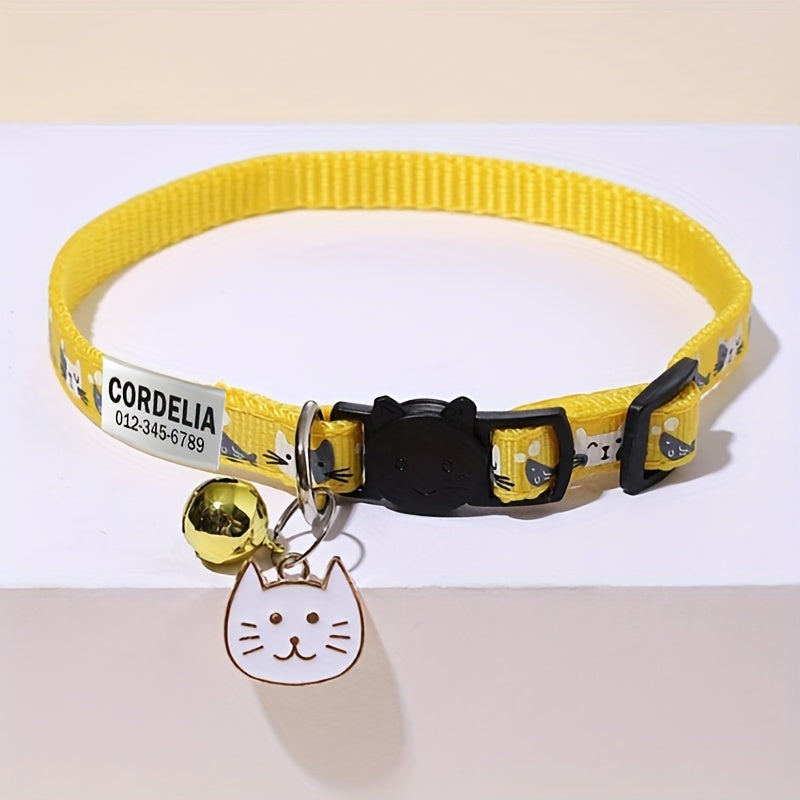 Customizable Cartoon Cat Print Pet Collar with Bell and Engraved ID Tag, Durable Polyester Adjustable Collar for Cats and Dogs, Personalized Name and Phone Number for Lost Prevention - Perfect Gift for Pets
