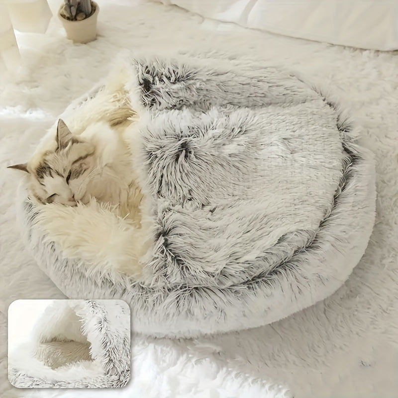 Plush Round Hooded Pet Bed, Warm Dog Bed Dog Cave Nest Soft Donut Dog Cushion Bed Calming Nest