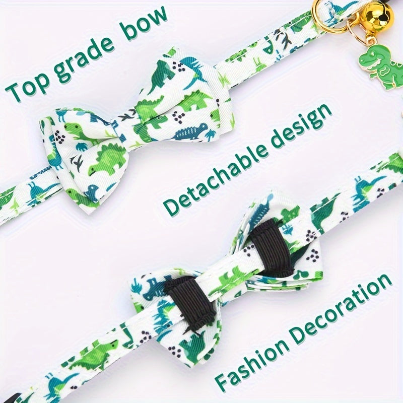 Adjustable Polyester Fiber Cat Collars with Animal Print, Bow Tie & Bell Pendant - CP627 Cute Pet Collar Set with Safety Buckle & Detachable Accessories