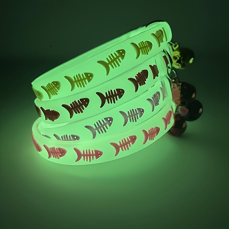 5-piece adjustable luminous pet collar with bell, animal pattern, rubber material, safety night-light cat collar set